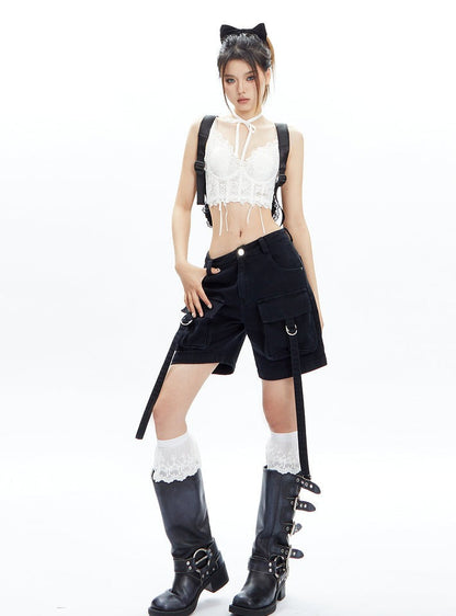 Black Cargo Shorts With Dangling Straps