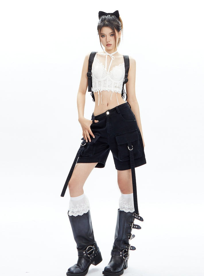 Black Cargo Shorts With Dangling Straps