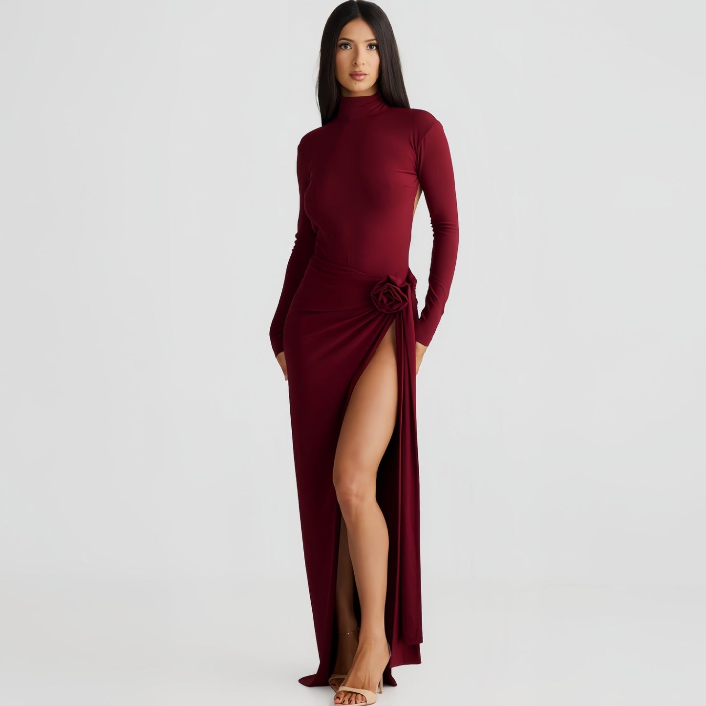 Autumn High Collar Backless Long Sleeves Jumpsuit Slit Dress