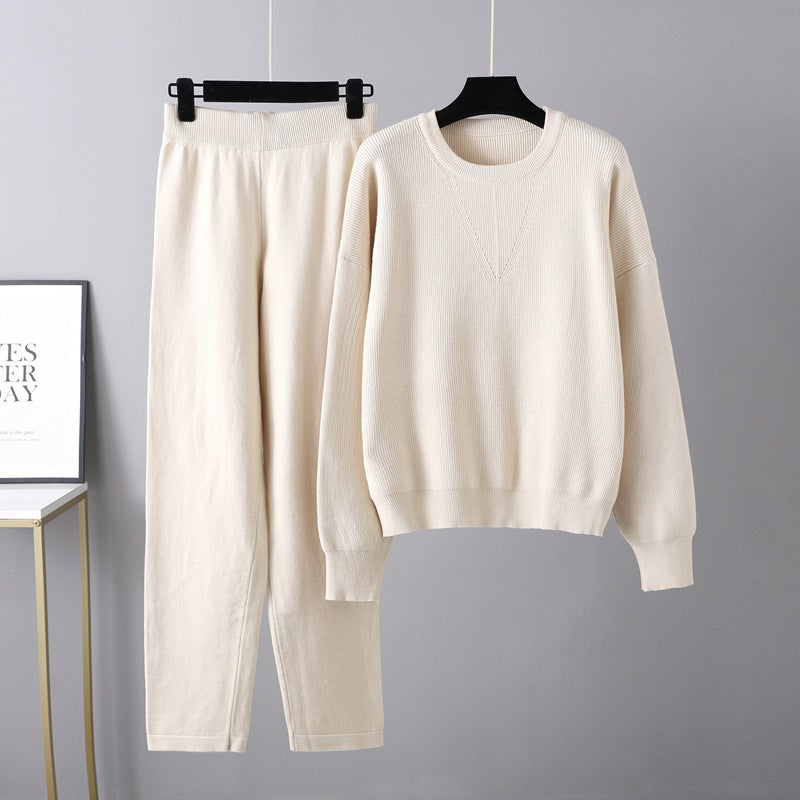 Autumn Winter Loose Sweater Two Piece Set Color Knitting Suit