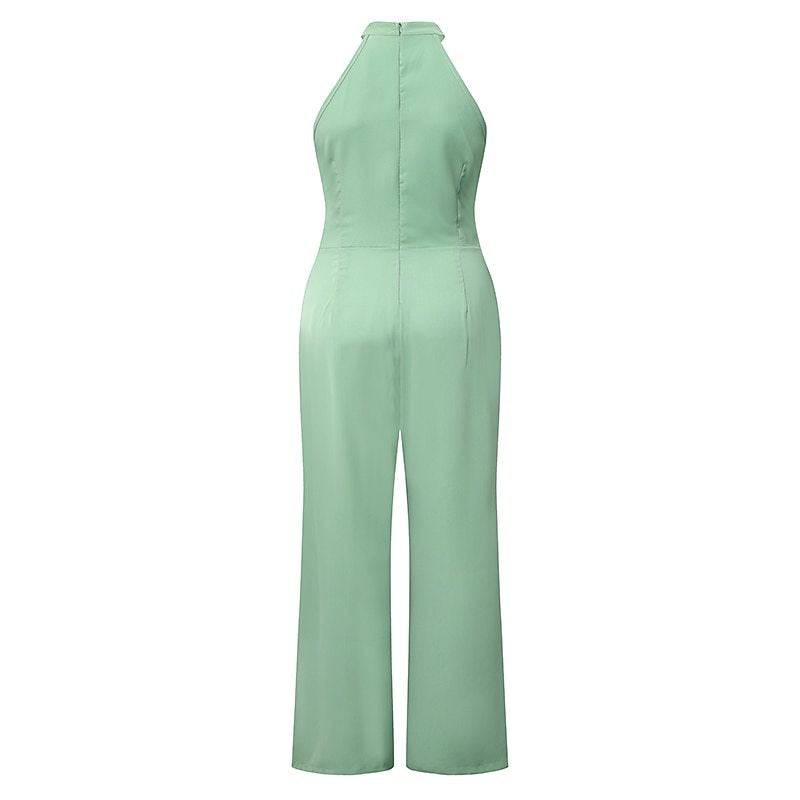Color Sleeveless Halter High Waist Lace Up Straight Jumpsuit Summer