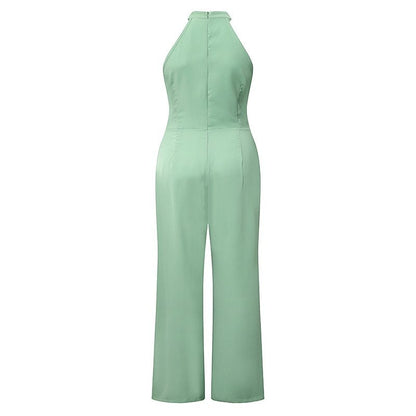 Color Sleeveless Halter High Waist Lace Up Straight Jumpsuit Summer