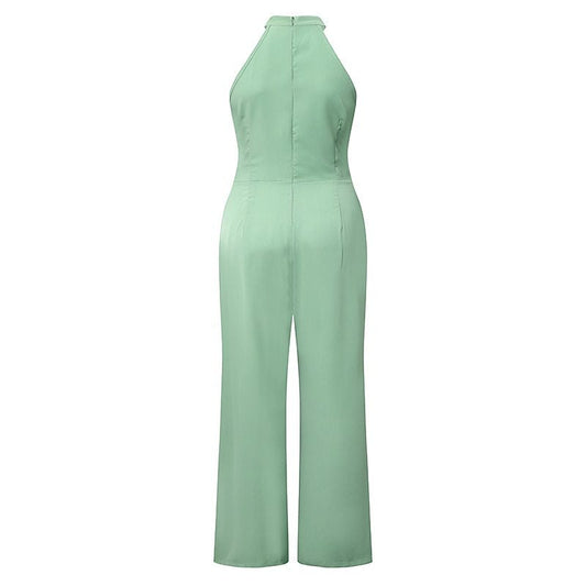 Color Sleeveless Halter High Waist Lace Up Straight Jumpsuit Summer
