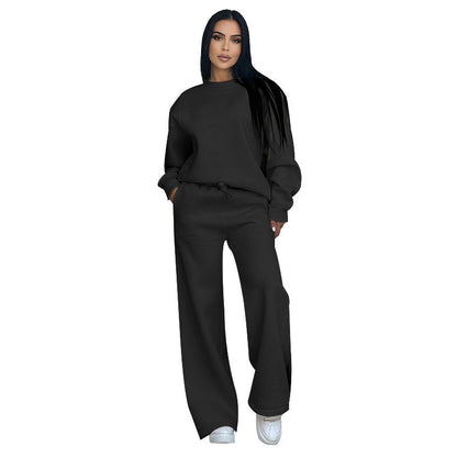 Autumn Winter Color Round Neck Long Sleeve Loose Wear Wide Leg Pants Suit