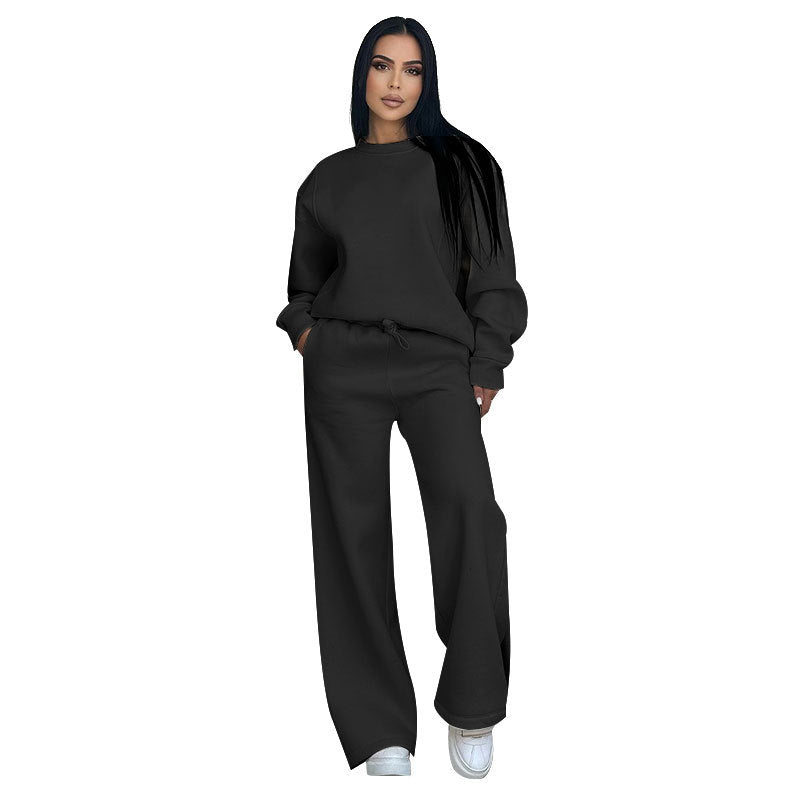 Autumn Winter Color Round Neck Long Sleeve Loose Wear Wide Leg Pants Suit