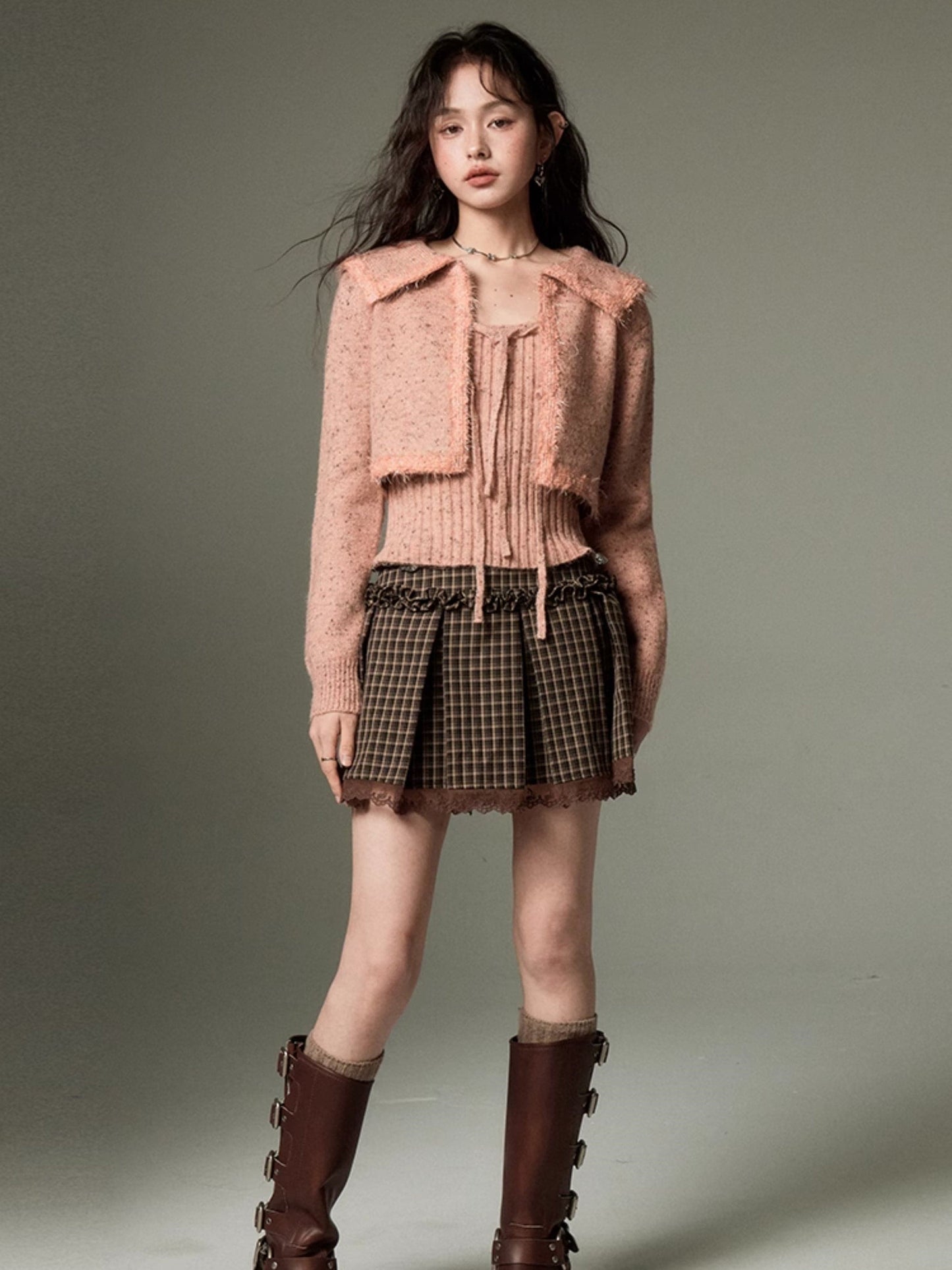 Cropped Knitted Cardigan & Camisole Set With Big Collar