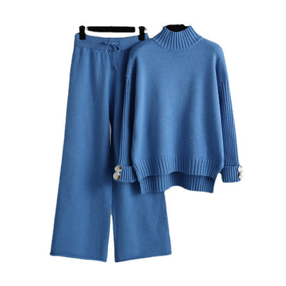 Autumn Winter Knitting Suit Semi-high Collar Sweater Thickened Outer Wear Loose Two Piece Set