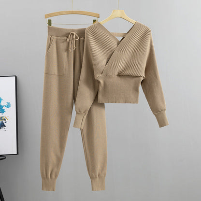 Socialite Outfit Autumn Short Shoulder Baring Sweater Top Ankle Tied Trousers Two Piece Set