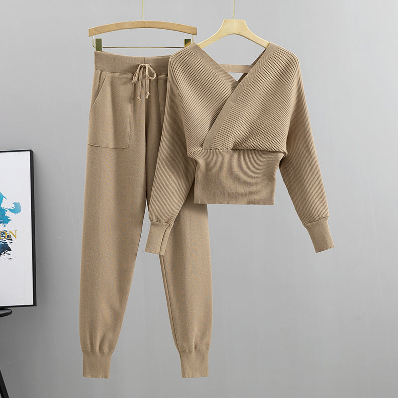 Socialite Outfit Autumn Short Shoulder Baring Sweater Top Ankle Tied Trousers Two Piece Set