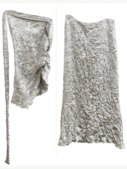 Jnylon Studio Metallic Crinkle One-shoulder Maxi Dress - Silver Textured Evening Gown With Asymmetric Strap