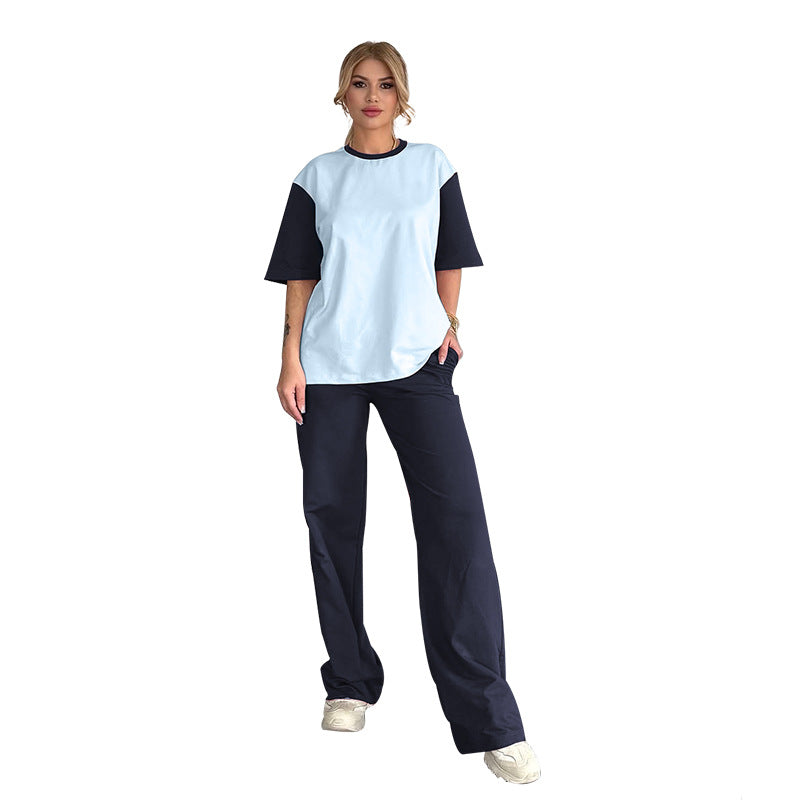 Summer Contrast Color Round Neck Short Sleeved T Shirt Wide Leg Pants Two Piece Sets