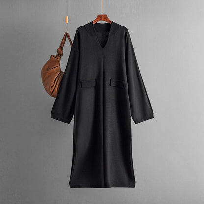 Autumn Winter V Neck Color Loose Knitted Dress Split Long Sleeve Long Dress