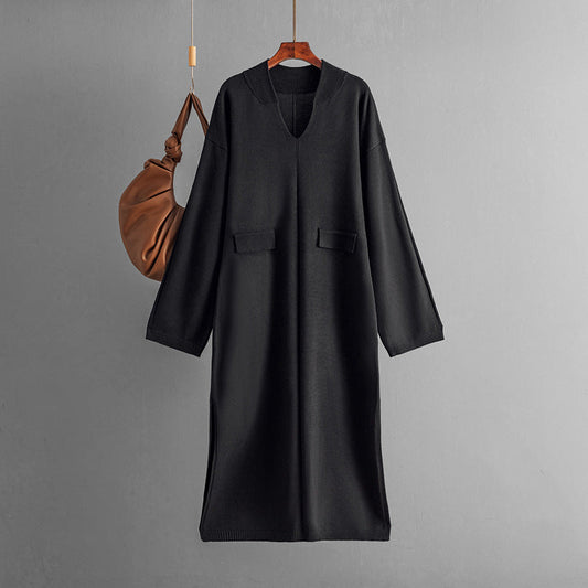 Autumn Winter V Neck Color Loose Knitted Dress Split Long Sleeve Long Dress