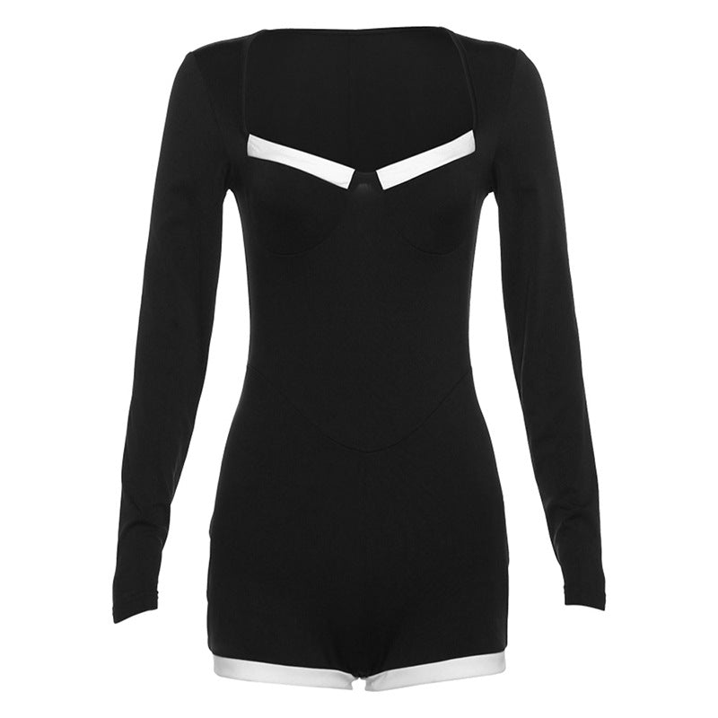 Autumn Winter Clothing Low Cut Color Contrast Base Knitting Jumpsuit