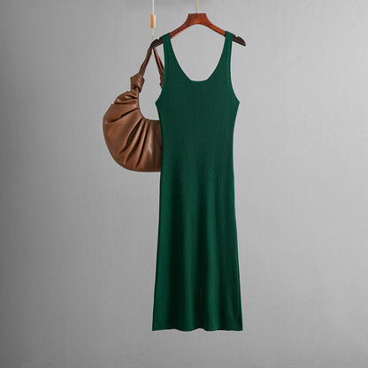 Knitted Sling Dress Summer Color Back Slit Sheath Maxi Dress