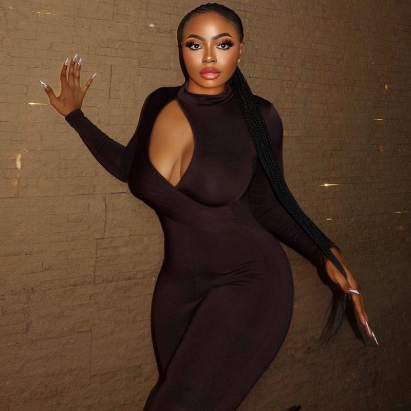 Wear Tight Fitting Color Micro Elastic Jumpsuit Long Sleeved Trousers Hollow Out Cutout Mid Waist Thin Jumpsuit