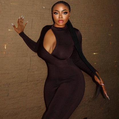 Wear Tight Fitting Color Micro Elastic Jumpsuit Long Sleeved Trousers Hollow Out Cutout Mid Waist Thin Jumpsuit