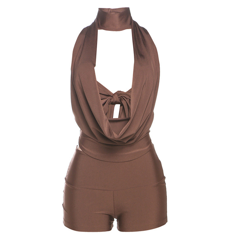 Spring Swing Collar Lace Up Halterneck Vest Color Tight Shorts Set