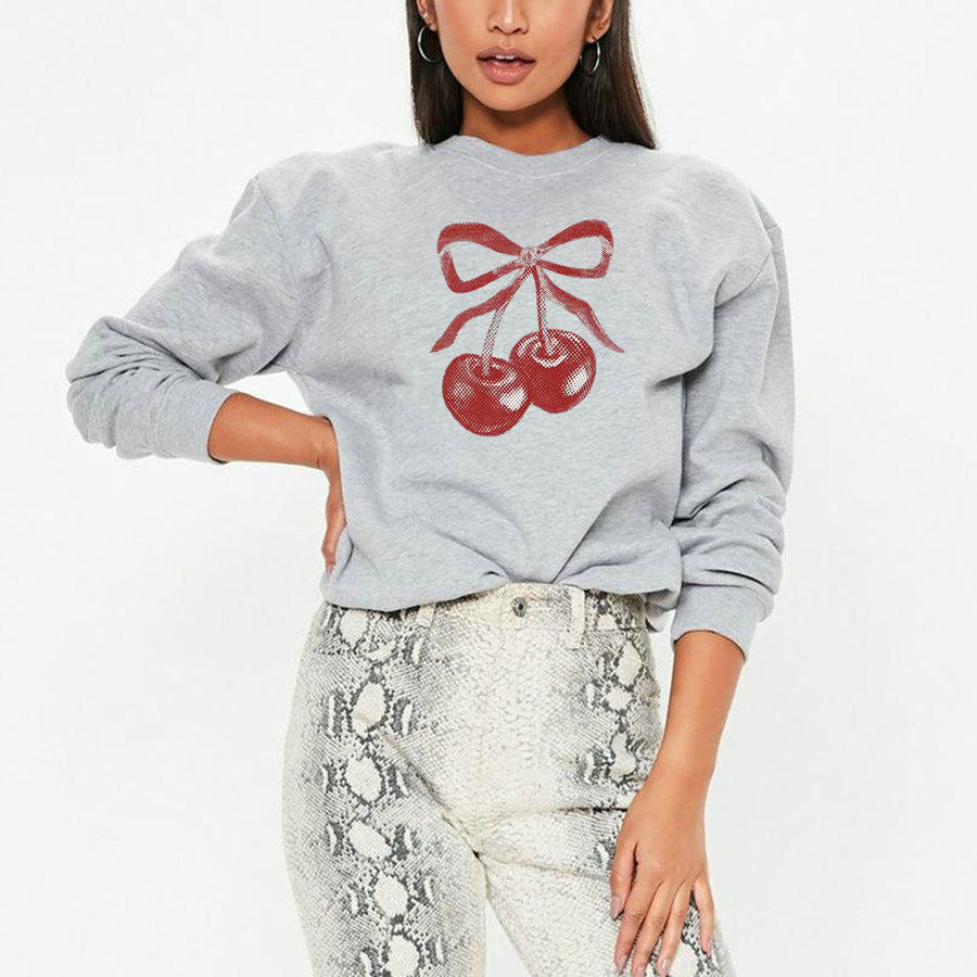 Street Hipster Bow Cherry Drop Shoulder Loose Long Sleeve Sweatershirt Autumn Winter Clothing