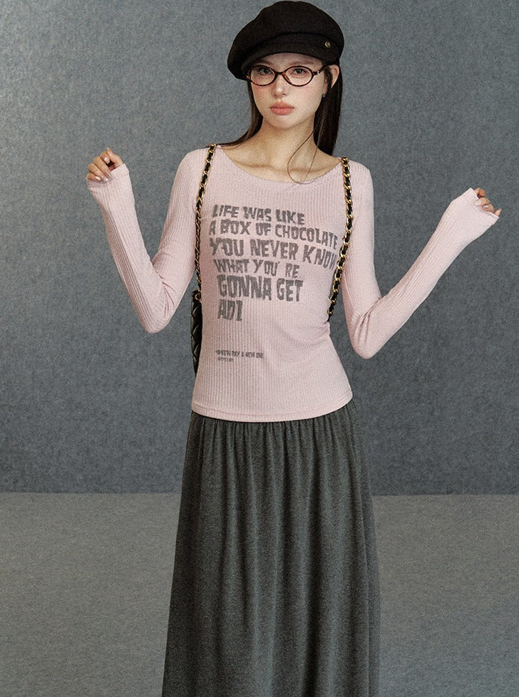 Inspirational Quote Ribbed Long Sleeve Tee: Fitted Graphic T-shirt