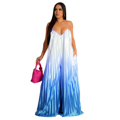 Clothing Deep V Plunge Sling Backless Wide Leg Pants Gradient Jumpsuit