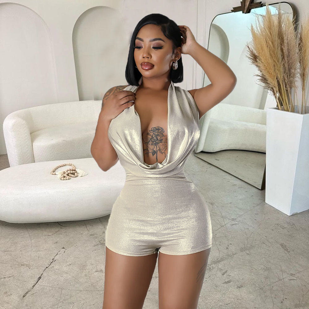Spring Summer Halter Backless Cutout Tight Metal Feeling Jumpsuit
