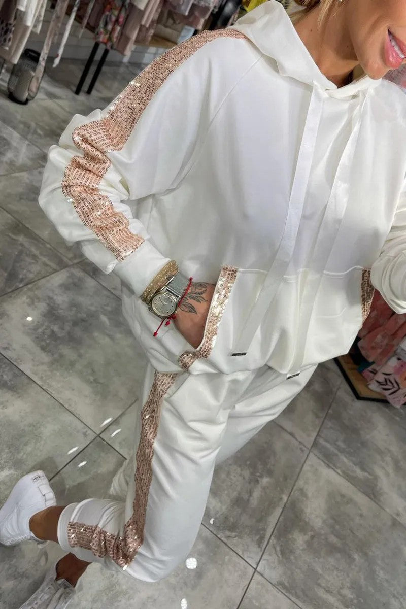 Sequin Pocket Sports Hooded Sweatshirt Sweatpants Suit