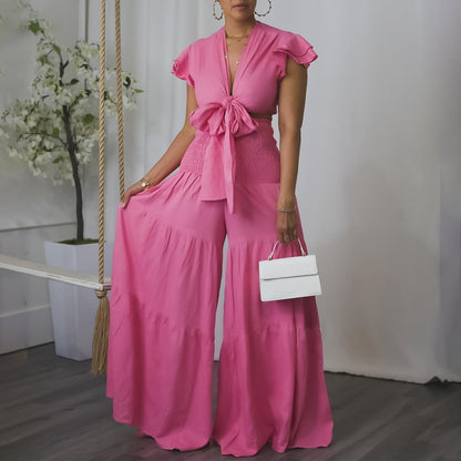 Short Sleeve Tied Top Wide Leg Pants Two Piece Set