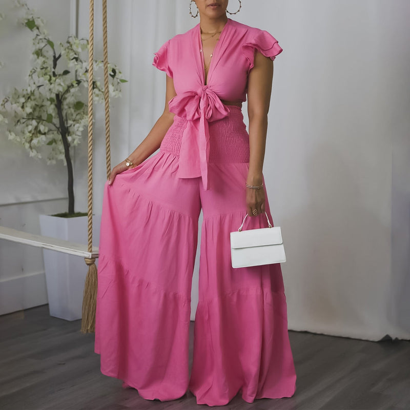 Short Sleeve Tied Top Wide Leg Pants Two Piece Set