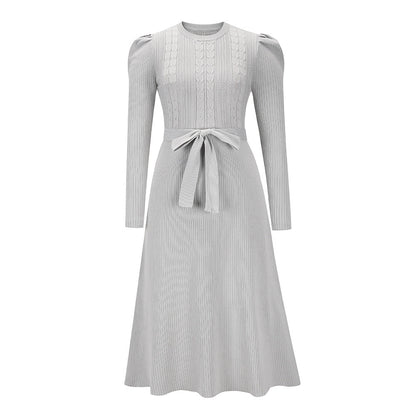 Autumn Winter Bubble Long Sleeve Knitted Dress Mid-length Slimming High Waist Big Swing Dress Base Sweater Dress