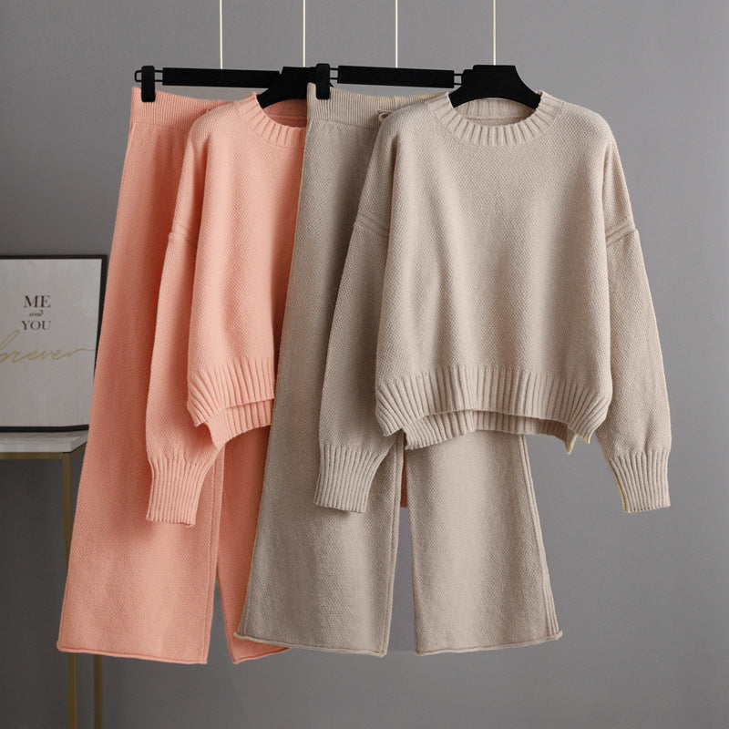 Autumn Winter Knitting Work Pant Korean Loose Sweater Wide Leg Pants Pants Two Piece Set
