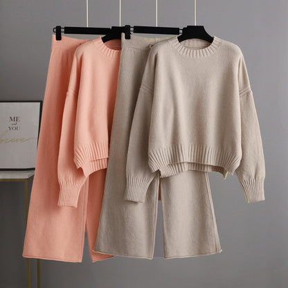 Autumn Winter Knitting Work Pant Korean Loose Sweater Wide Leg Pants Pants Two Piece Set