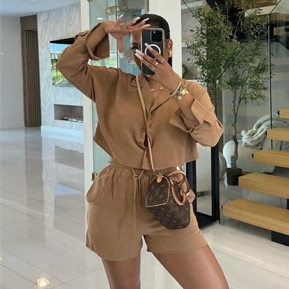 Clothing Summer Sweet Fresh Suit Collar Long Sleeve Shirt High Waist Drawstring Shorts Suit