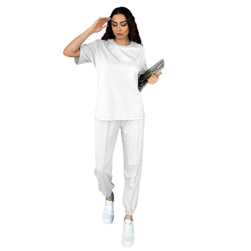 Summer Color Round Neck Short Sleeves Pullover Ankle Banded Pants