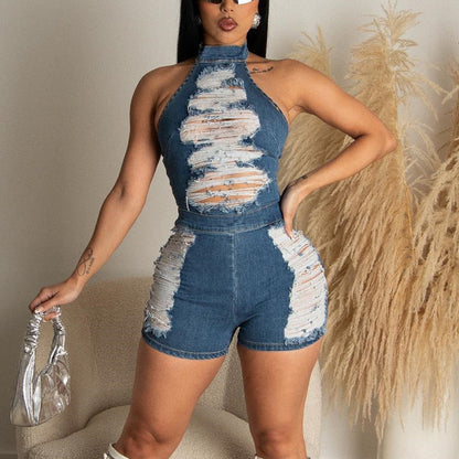 Clothing Spring Denim Halter Tassel Beggar Dress Jumpsuit