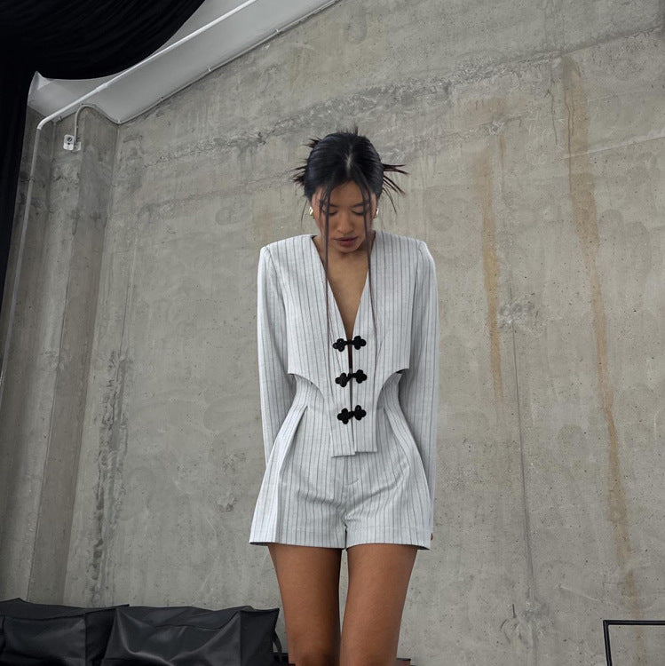 Spring Clothing Chinese Niche Design Long Sleeve Deep V Plunge Jacket High Waist Shorts Striped Set