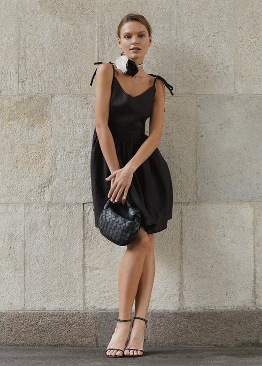 Midnight Grace - Tie-strap Linen Mini Dress