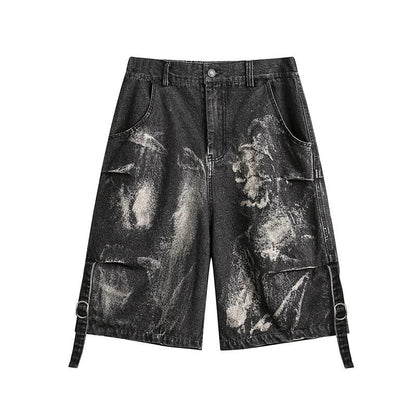 Rayohopp Distressed Denim Cargo Shorts - Wide-leg Bermuda Jeans With Bleached Pattern and Buckle Straps