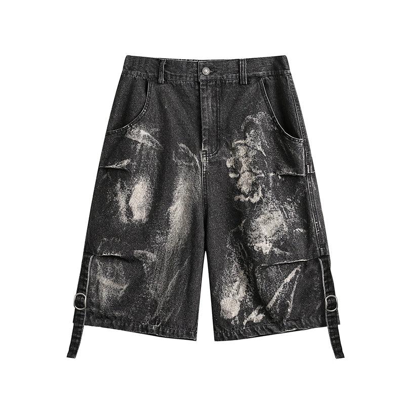 Rayohopp Distressed Denim Cargo Shorts - Wide-leg Bermuda Jeans With Bleached Pattern and Buckle Straps