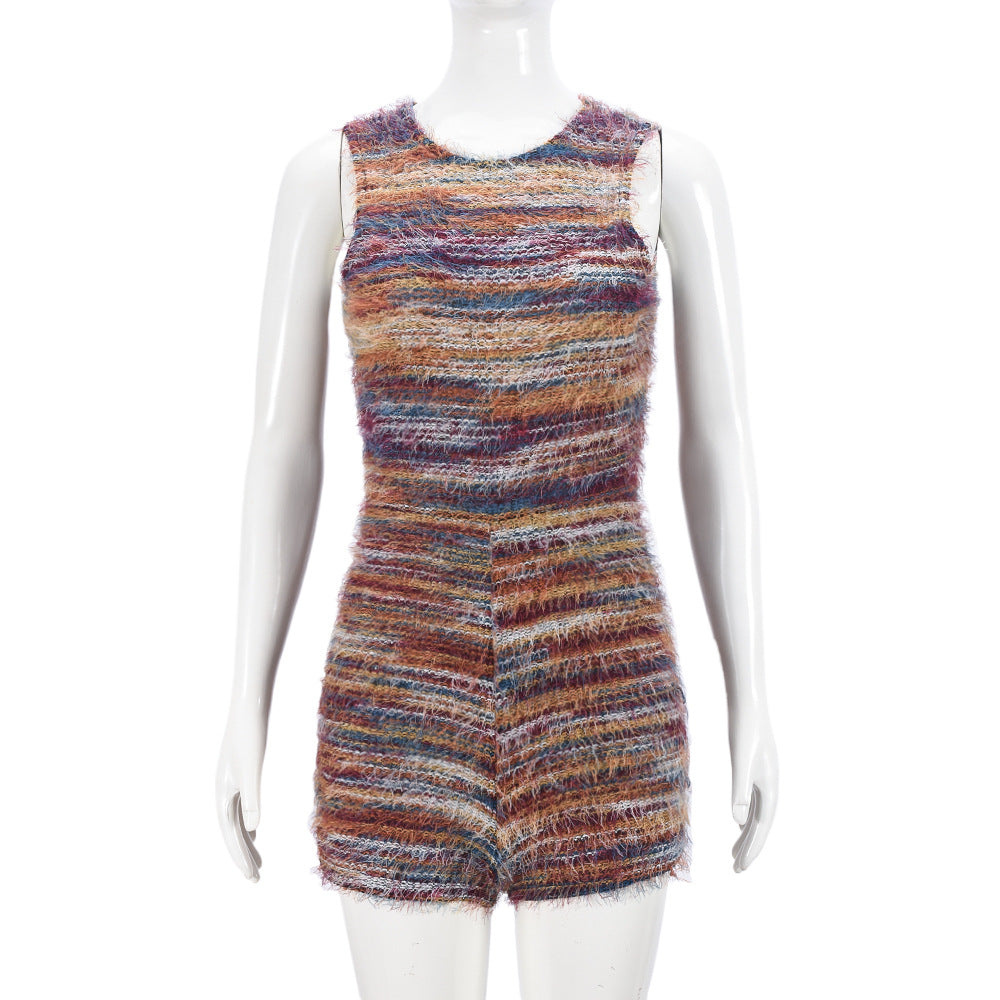 Clothing Sleeveless Tight Color Block Hollow Out Cutout Yarn Dyed Fluff Jumpsuit