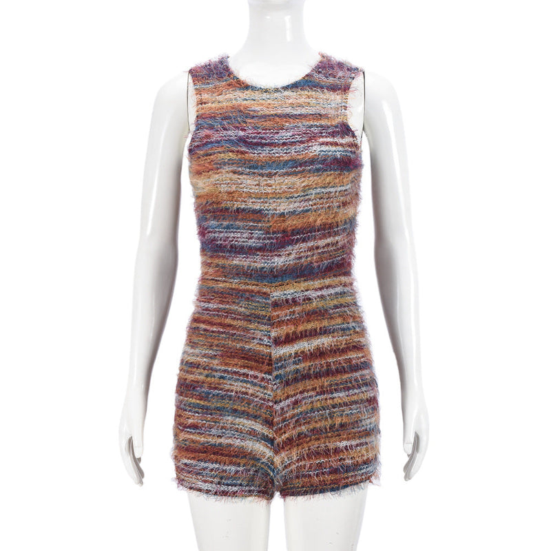 Clothing Sleeveless Tight Color Block Hollow Out Cutout Yarn Dyed Fluff Jumpsuit