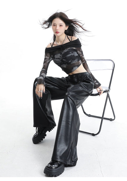 Coffee Wide-leg Pu Leather Pants