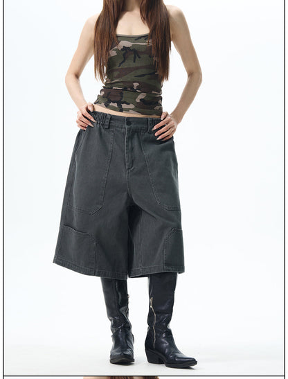 Khaki Wide-leg Cargo Shorts