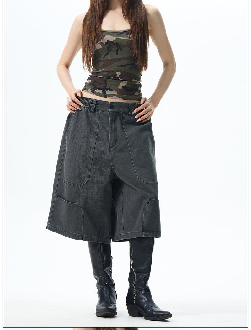 Khaki Wide-leg Cargo Shorts