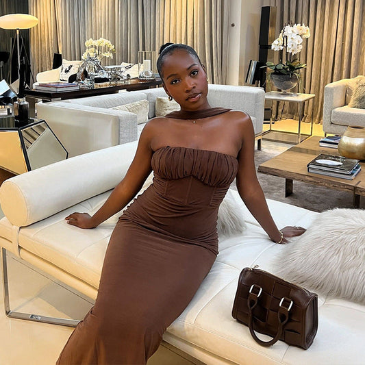 Clothing Color Dress Tube Top Halter Cold Shoulder Sleeveless Maxi Dress