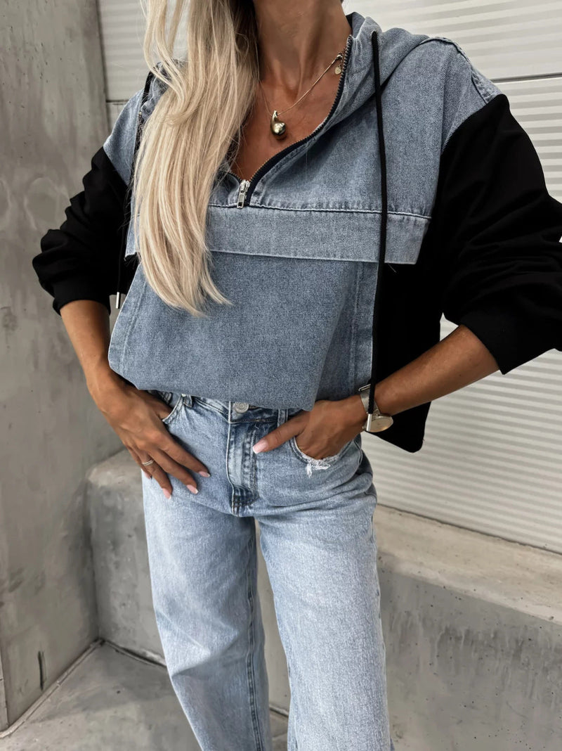 Fall Loose Washing Water Denim Stitching Hooded Sweatshirt