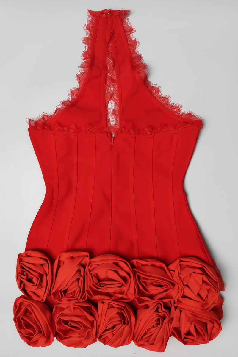 Natha Red 3d Flower Lace Mini Dress