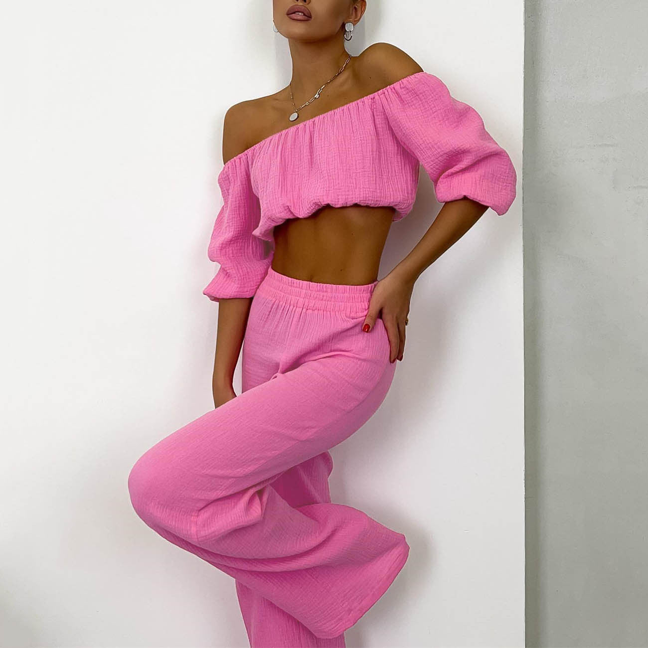 Two Piece Summer Pure Cotton Champray Color Off Neck Short Sleeved Top High Waist Wide Leg Pants Suit