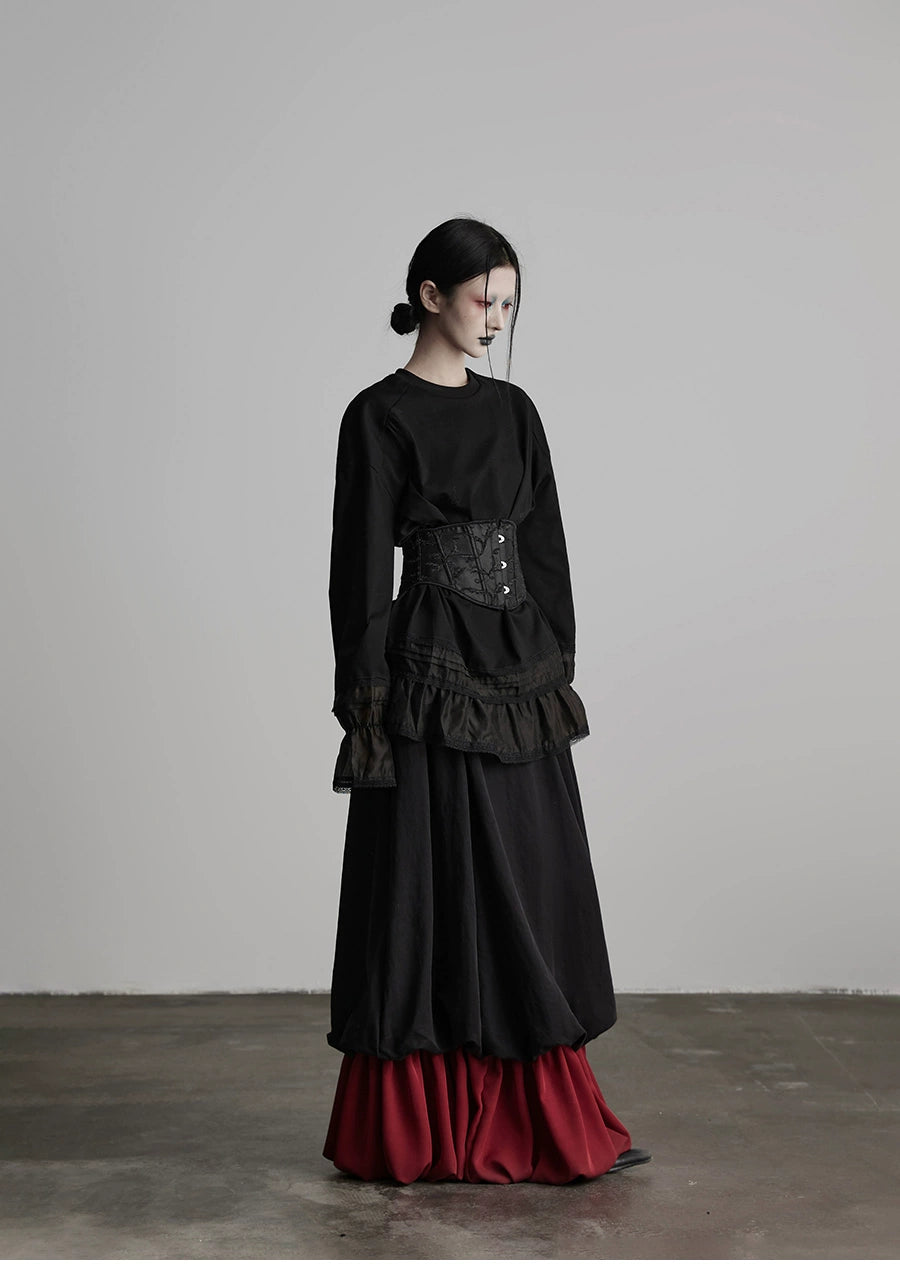 Black Patchwork Faux Two-piece A-line Skirt