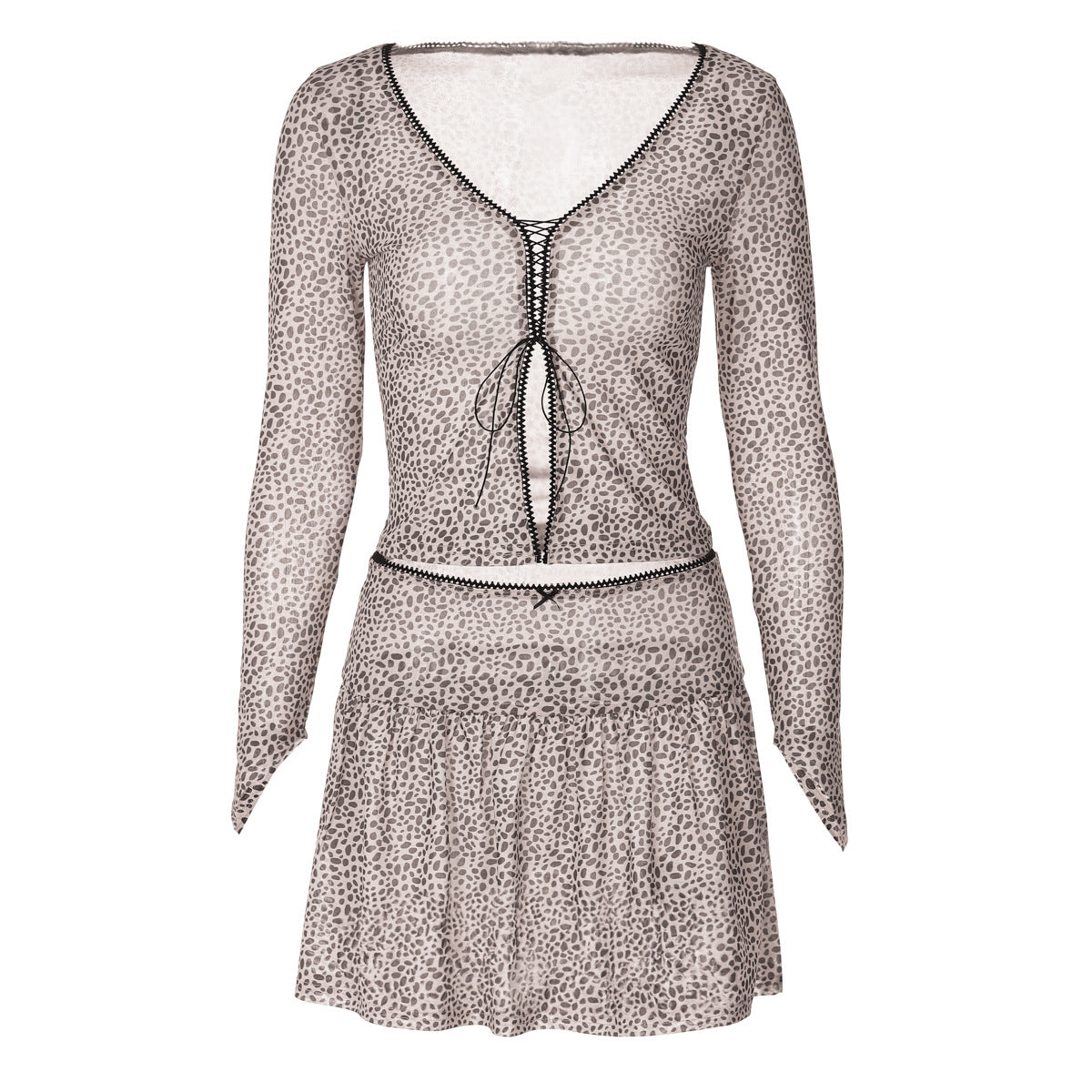 Summer Leopard Print Printed V Neck Cardigan Strap Long Sleeved T Shirt Miniskirt Set